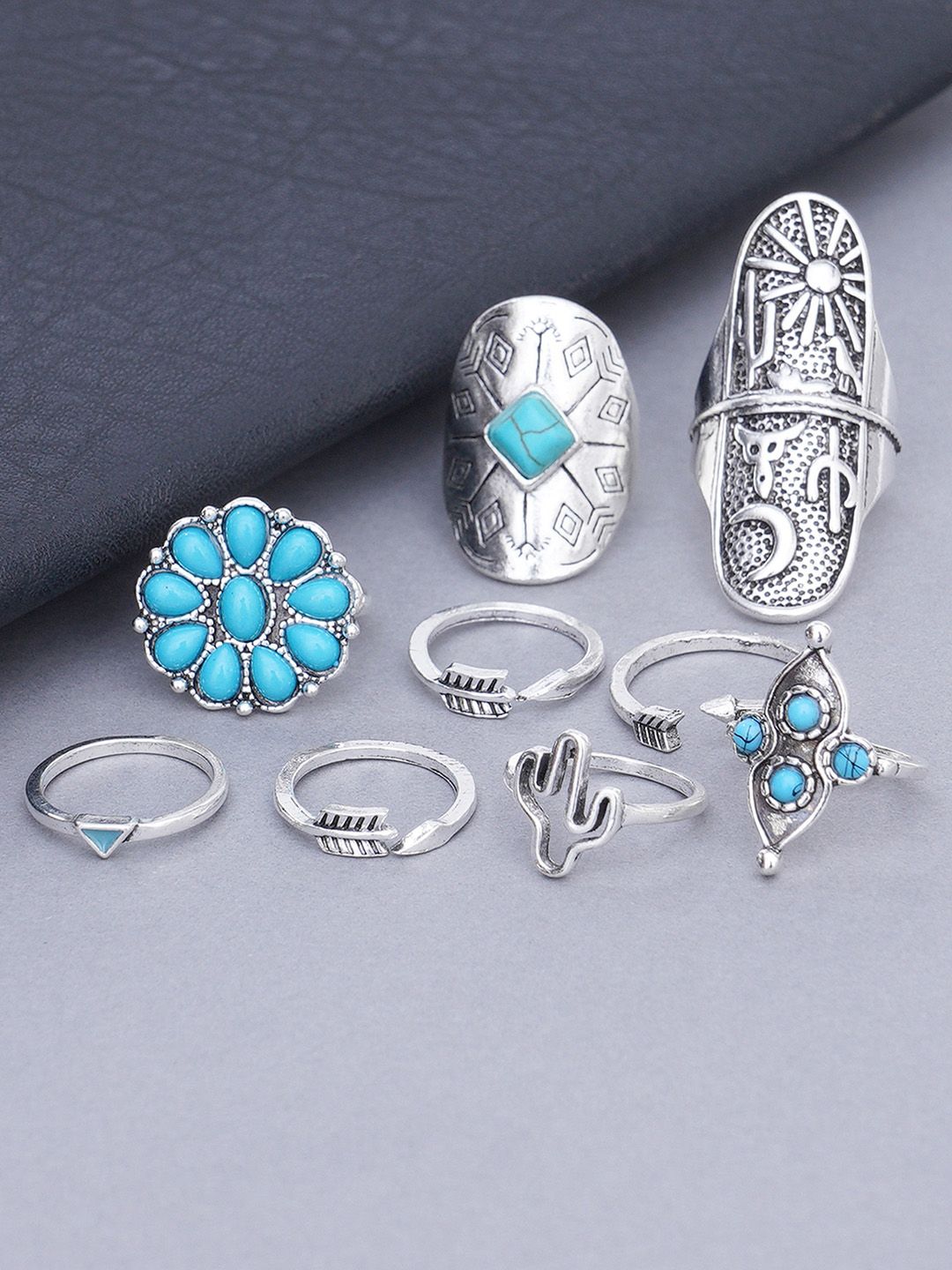 KARATCART Set Of 9 Oxidised Silver-Plated & Blue Stone-Studded Finger Rings Price in India