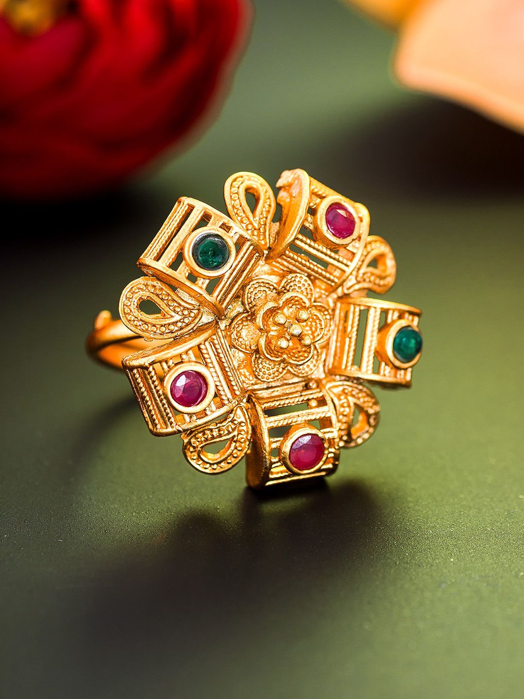 aadita Gold-Plated Pink & Green Stone-Studded Adjustable Finger Ring Price in India