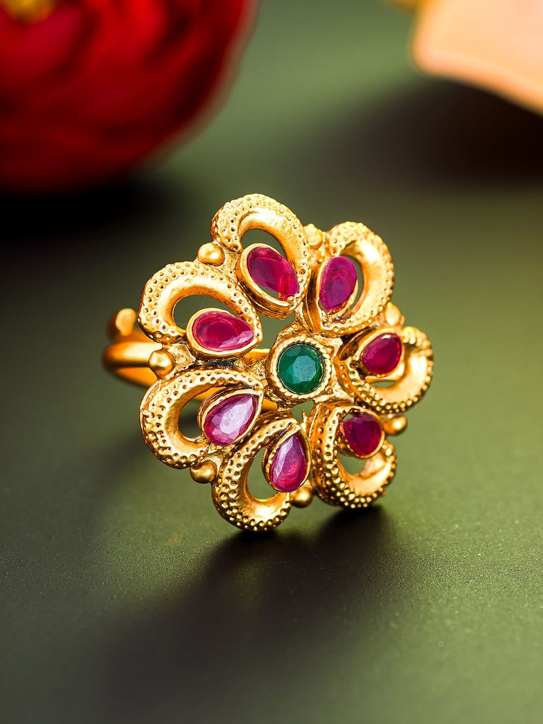 Aadita Gold Plated Green & Pink Stone Studded Adjustable Ring Price in India