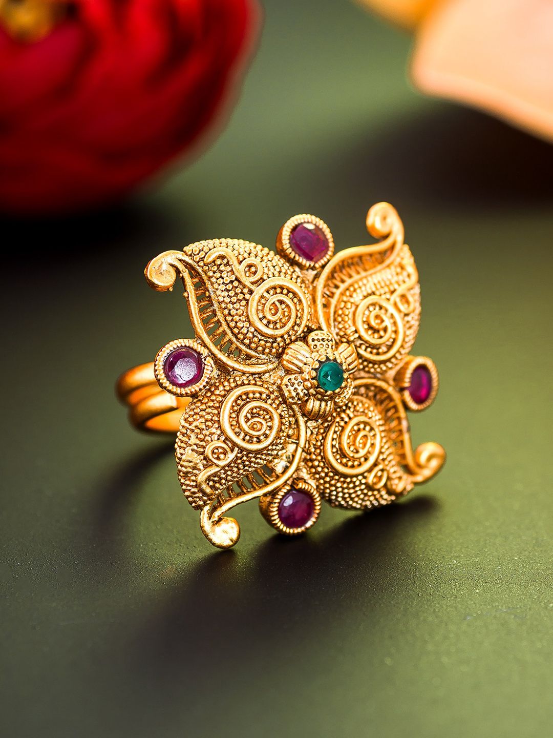 aadita Gold-Plated Pink & Green Stone-Studded Traditional Ring Price in India