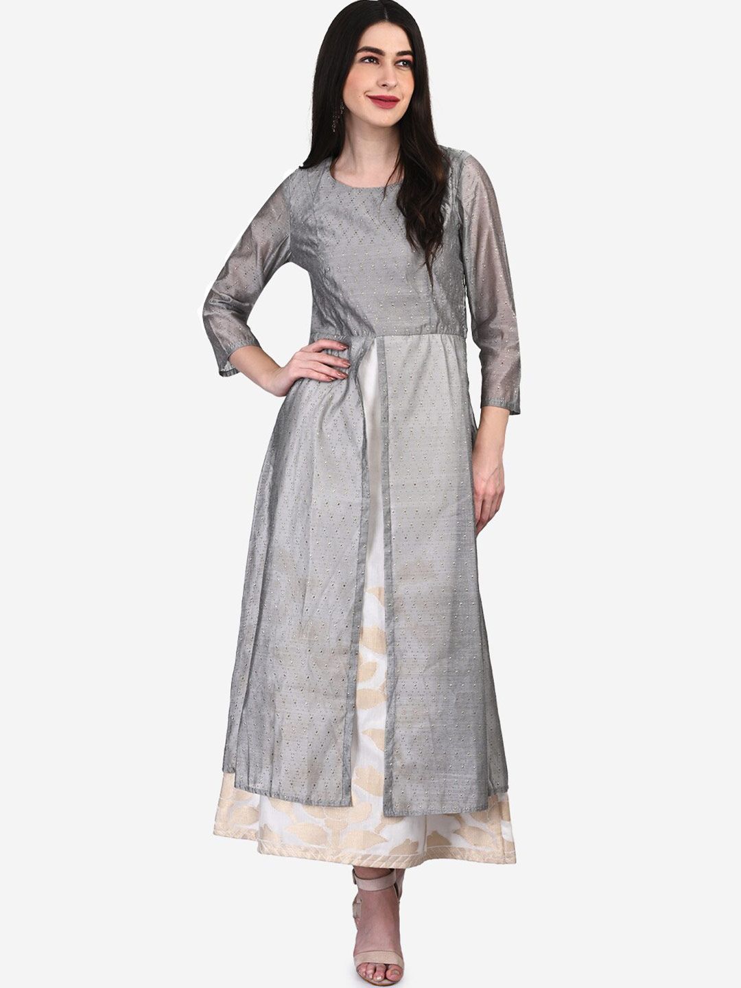 Be Indi Grey & White Floral Layered Ethnic Maxi Dress Price in India