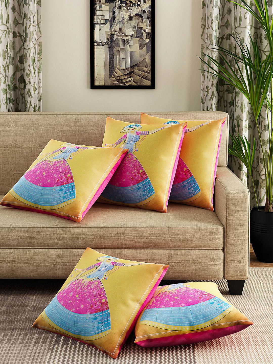 Alina decor Pink & Orange Set of 5 Printed 16" X 16" Square Cushion Covers Price in India