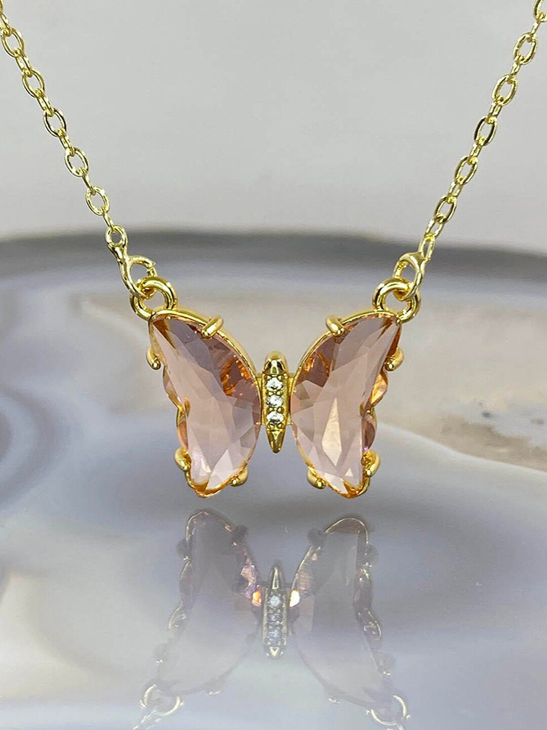 Vembley Gold-Plated Pink Crystal Butterfly Pendant Necklace Price in India
