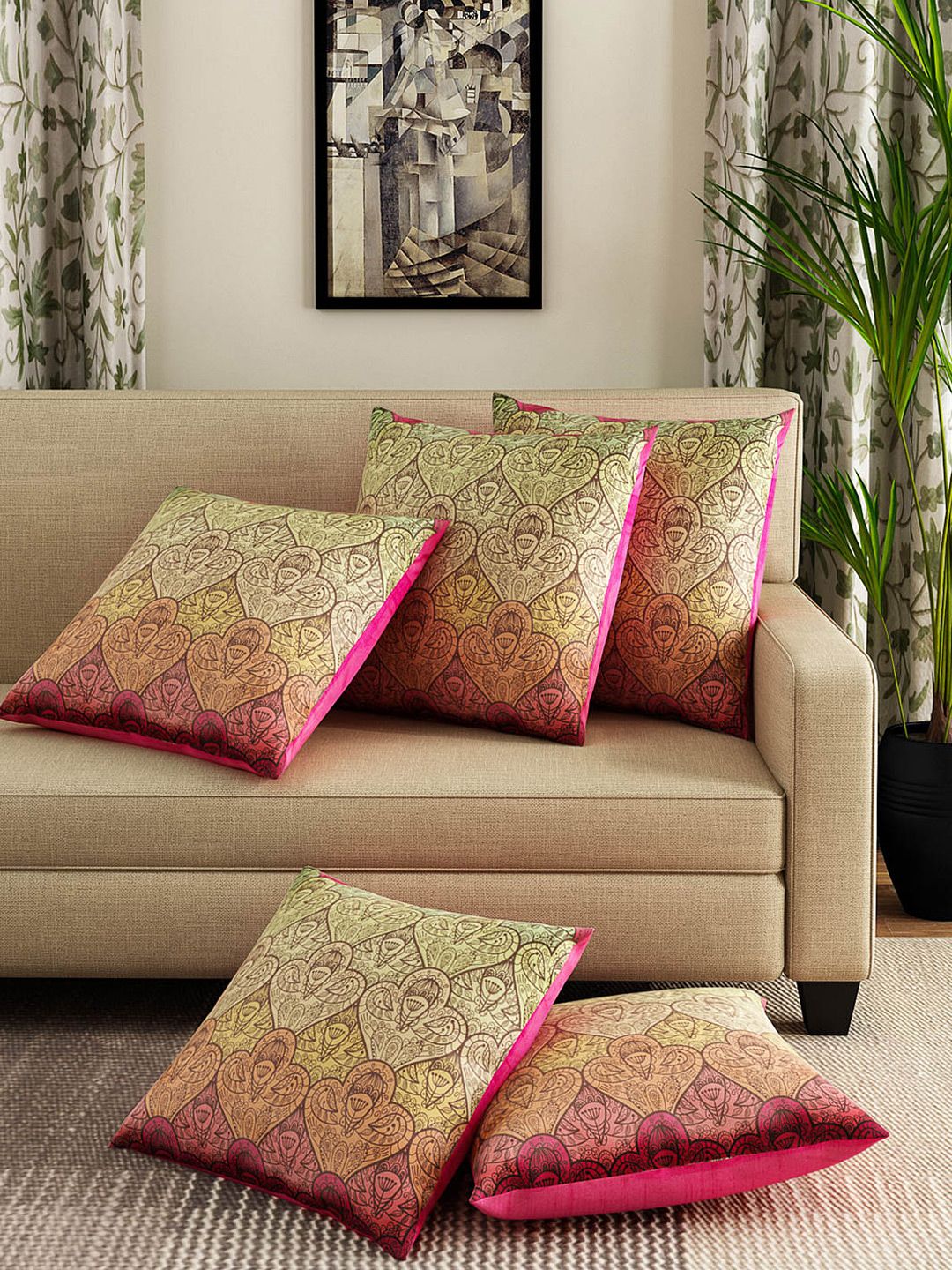 Alina decor Multicoloured Set of 5 Printed 16" X 16" Square Cushion Covers Price in India