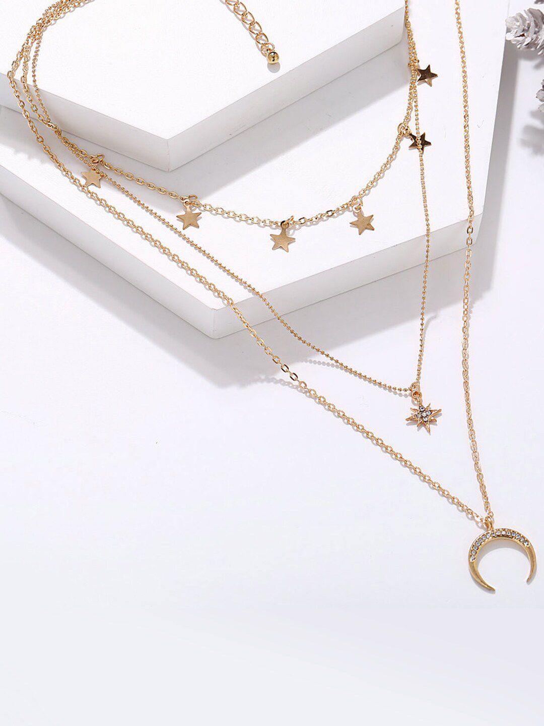 Vembley Gold-Plated Triple Layered Stars & Moon Pendant Necklace Price in India