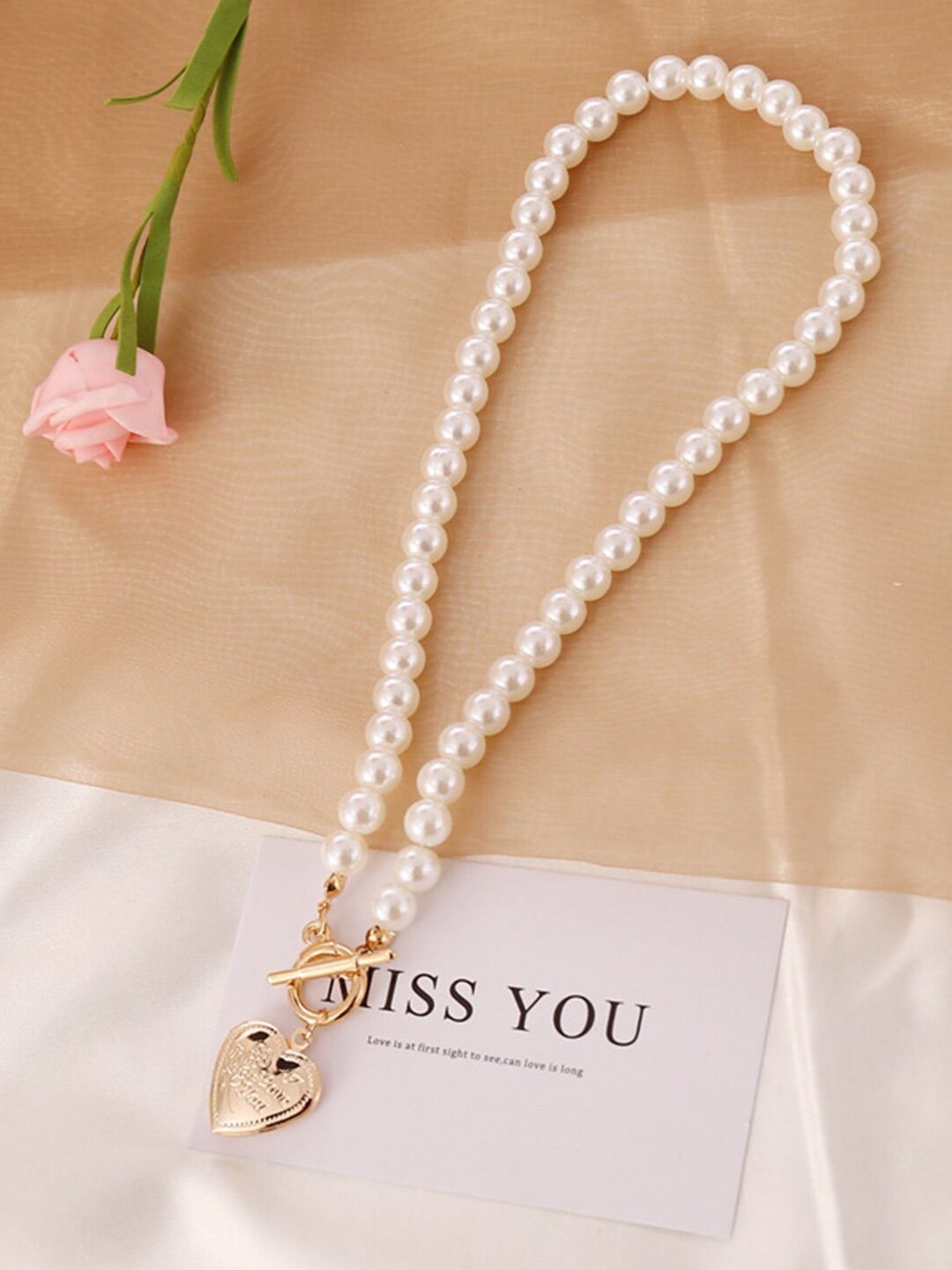 Vembley Gold-Plated White Pearl Drop Heart Pendant Necklace Price in India
