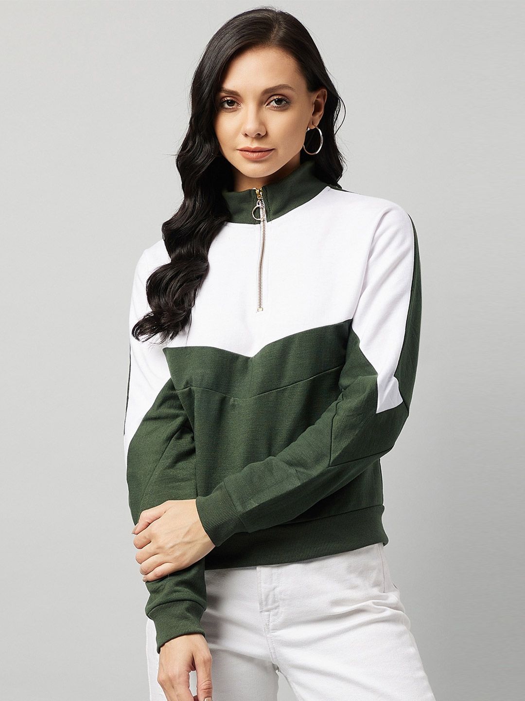 Marie Claire Women White & Green Colourblocked Fleece Sweatshirt Price in India