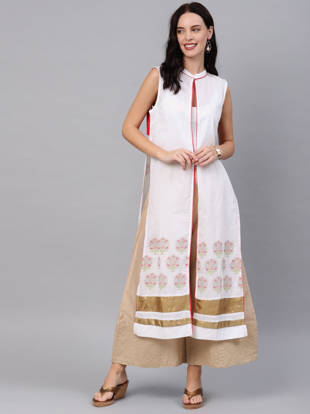 W Women White & Pink Printed Sleeveless Longline Ethnic Jacket Price in India