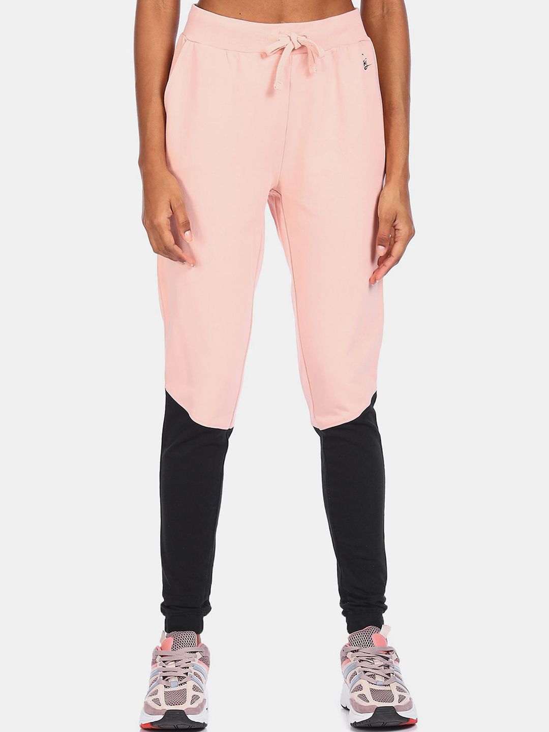 Flying Machine Women Pink & Black Colourblocked Straight Fit Pure Cotton Joggers Price in India