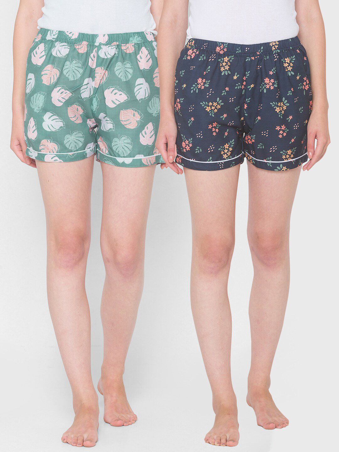 FashionRack Women Pack Of 2 Navy Blue & Green Printed Lounge Shorts Price in India