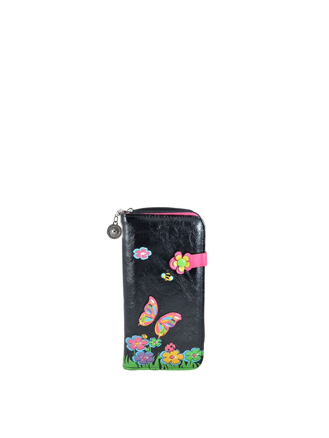 Instabuyz Women Black & Pink Floral Printed PU Zip Around Wallet Price in India