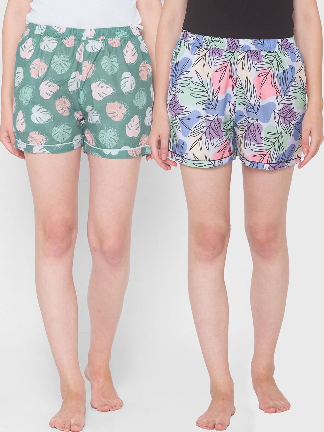 FashionRack Women Pack Of 2 Blue & Green 2 Printed Lounge Shorts Price in India