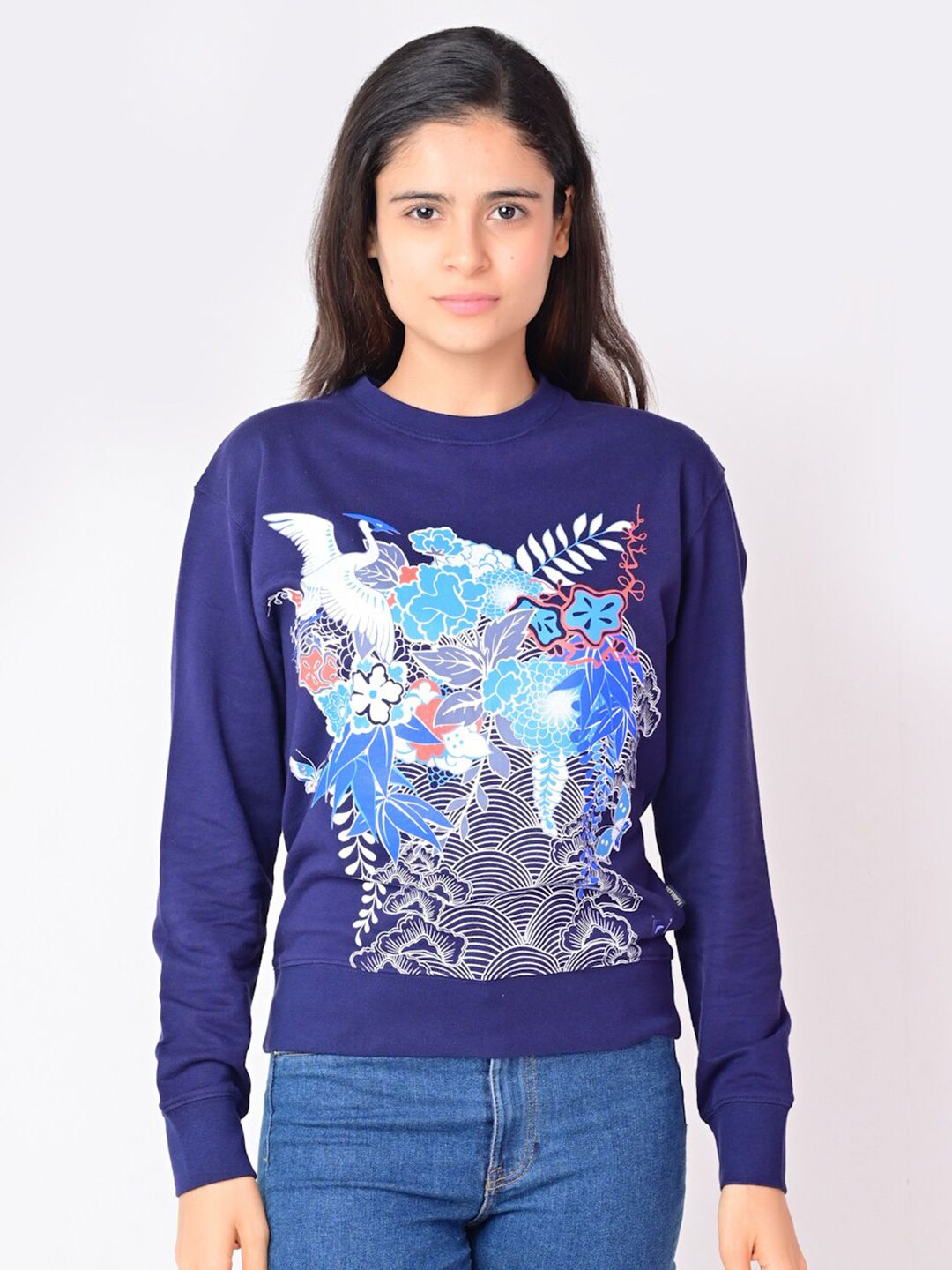 FLAWLESS Women Navy Blue Printed Sweatshirt Price in India