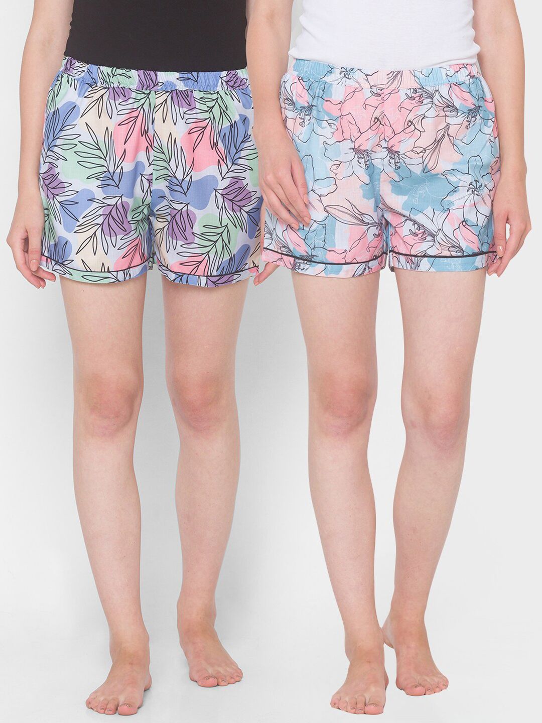 FashionRack Women Pack Of 2 Blue & Green 2 Printed Lounge Shorts Price in India