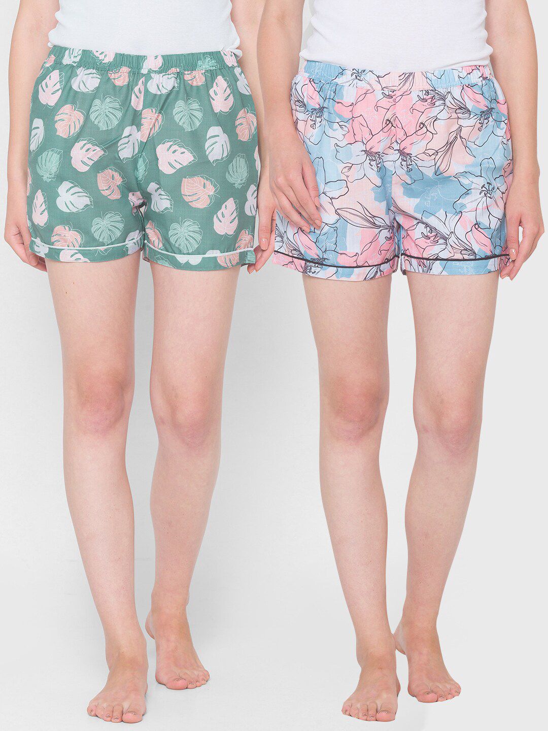 FashionRack Women Blue & Green Pack of 2 Printed Cotton Lounge Shorts Price in India