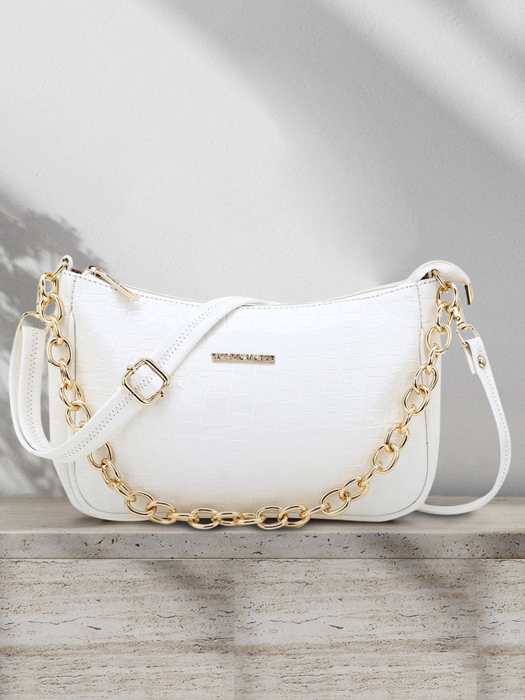 WOMEN MARKS White Croco Textured PU Structured Sling Bag Price in India
