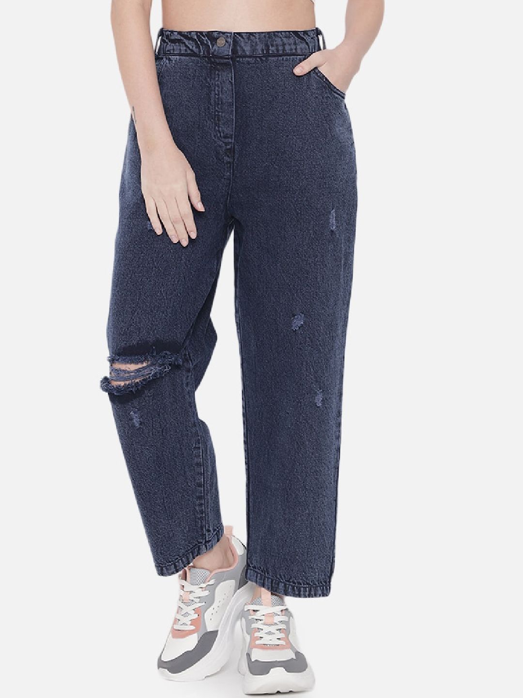 Orchid Blues Women Blue Cotton High-Rise Mildly Distressed Jeans Price in India