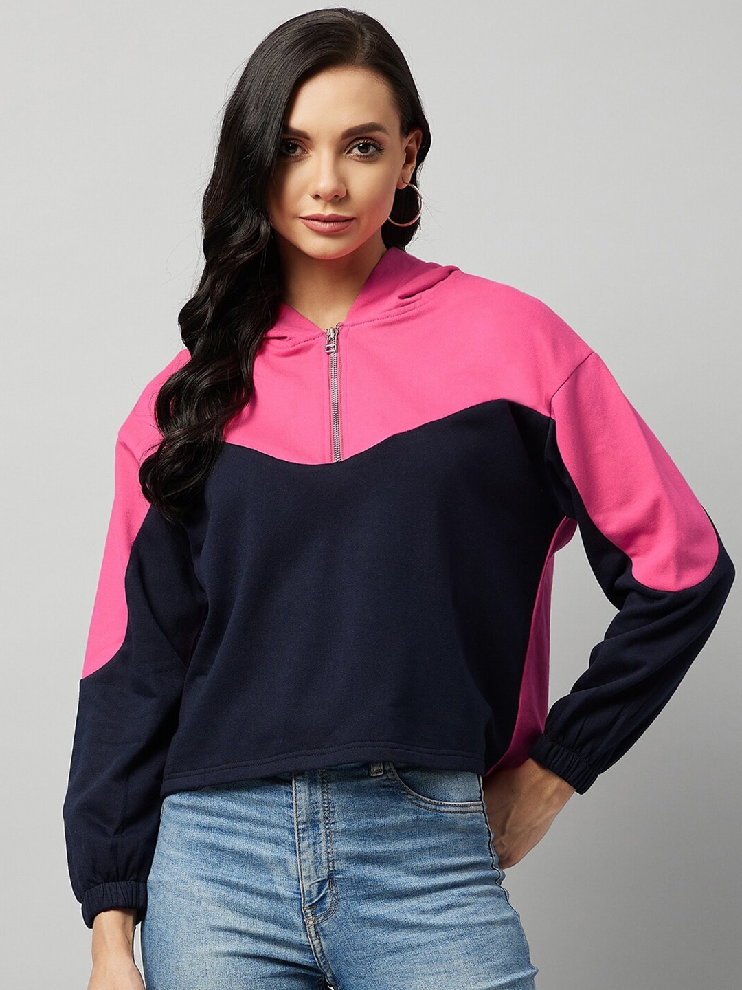 Carlton London Women Pink Colourblocked Hooded Sweatshirt Price in India