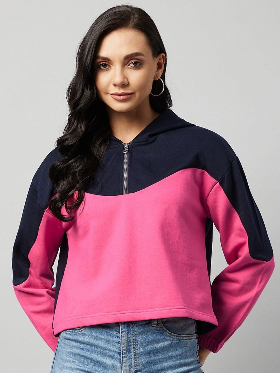 Carlton London Women Navy Blue Colourblocked Hooded Sweatshirt Price in India