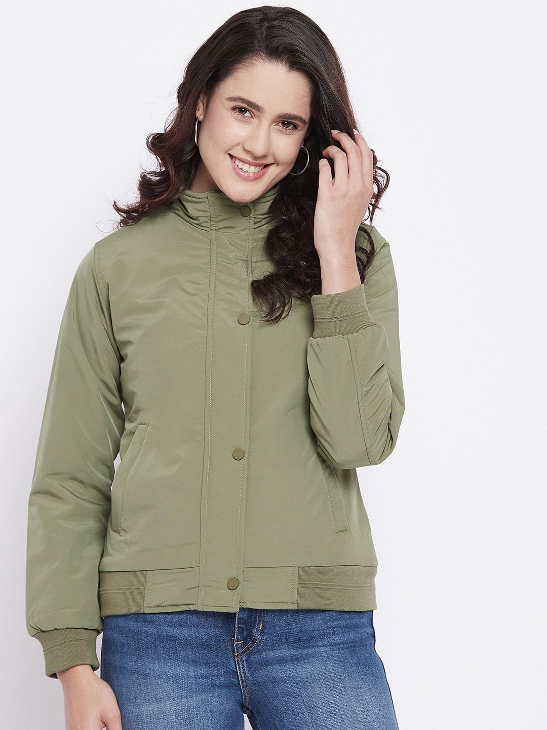 Okane Women Olive Green Lightweight Bomber Jacket Price in India