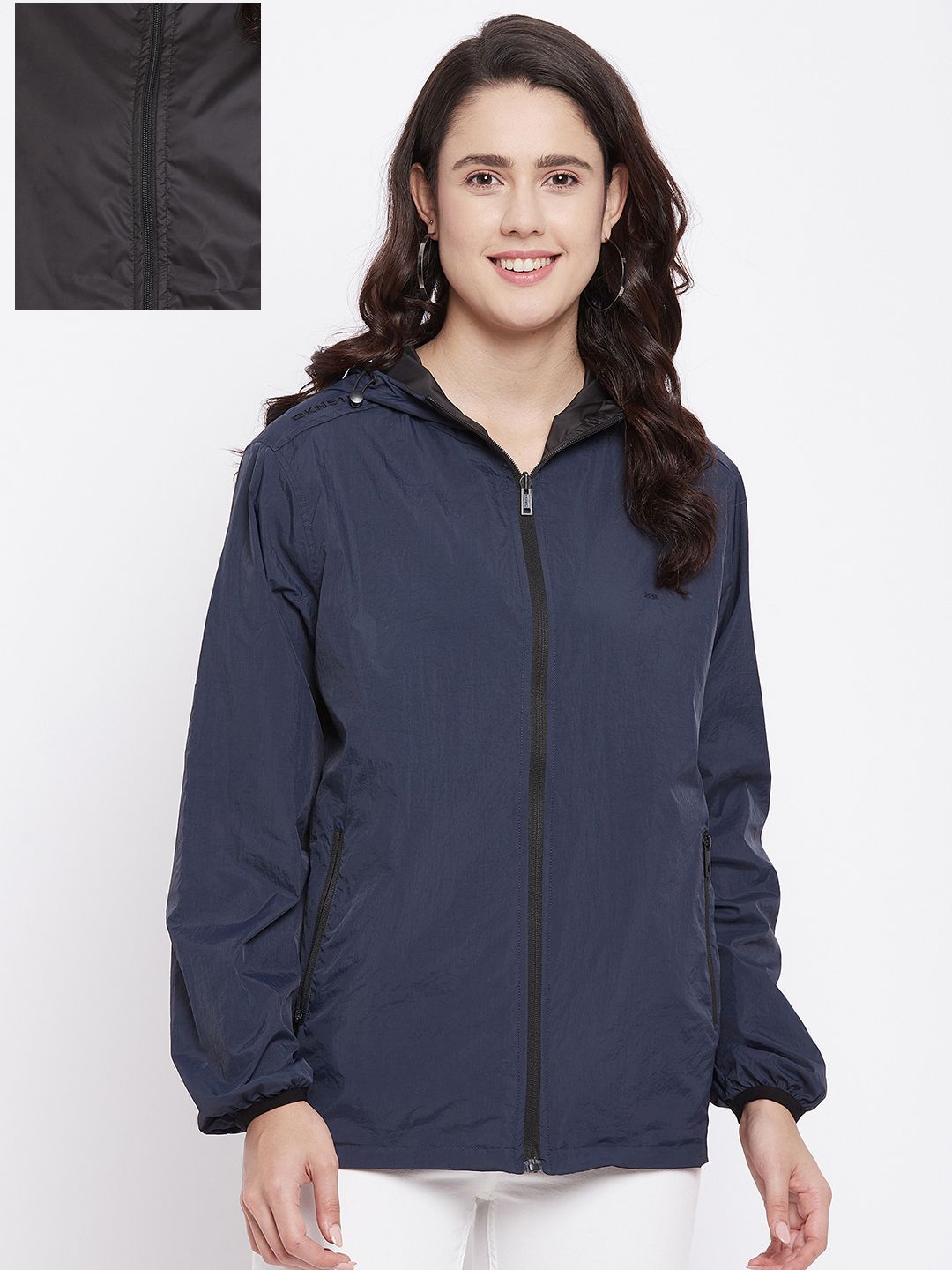 Okane Women Navy Blue Reversible Cotton Jacket Price in India