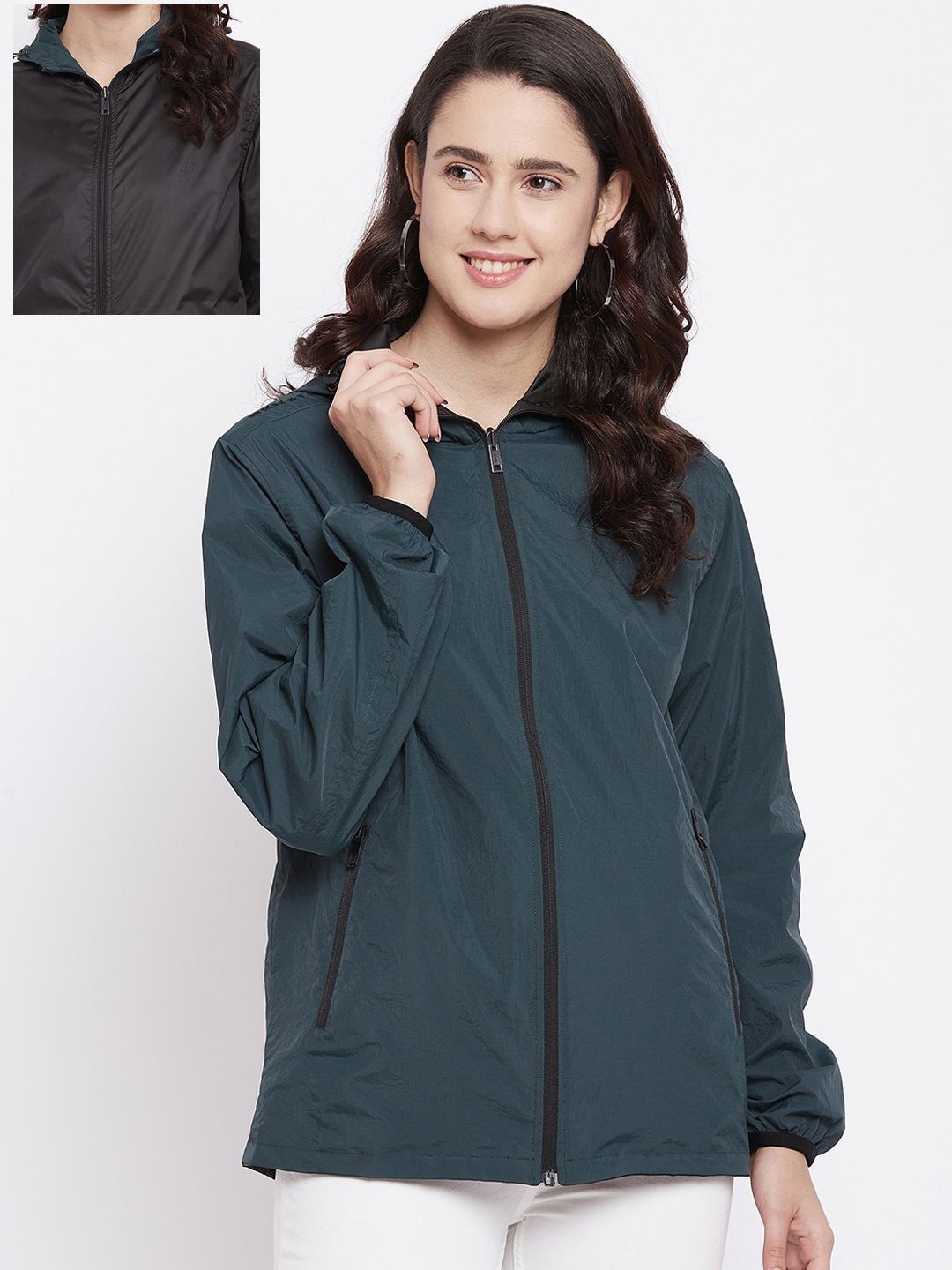 Okane Women Green & Charcoal Grey Reversible Hooded Cotton Sporty Jacket Price in India