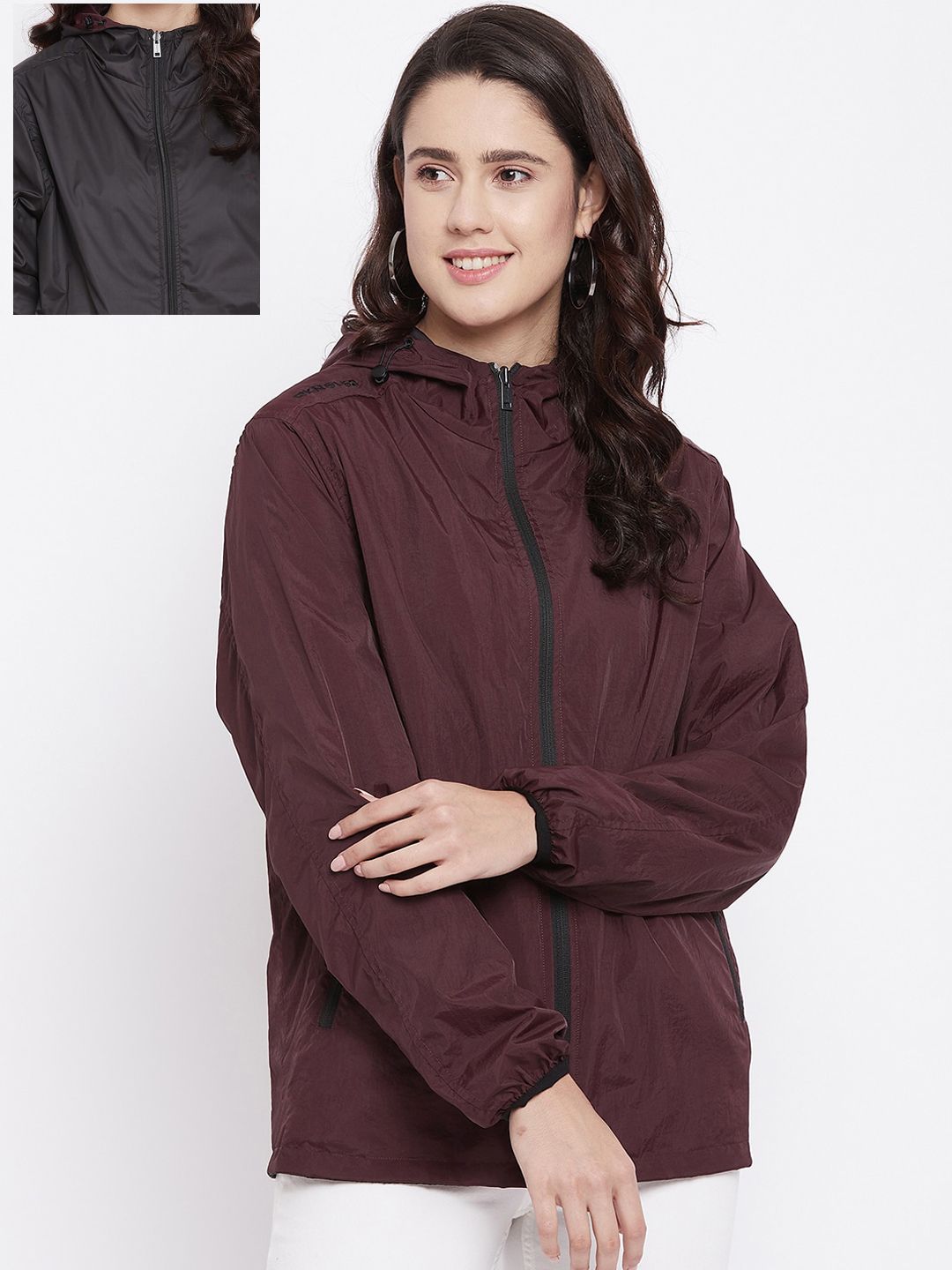 Okane Women Maroon & Black Reversible Padded Jacket Price in India