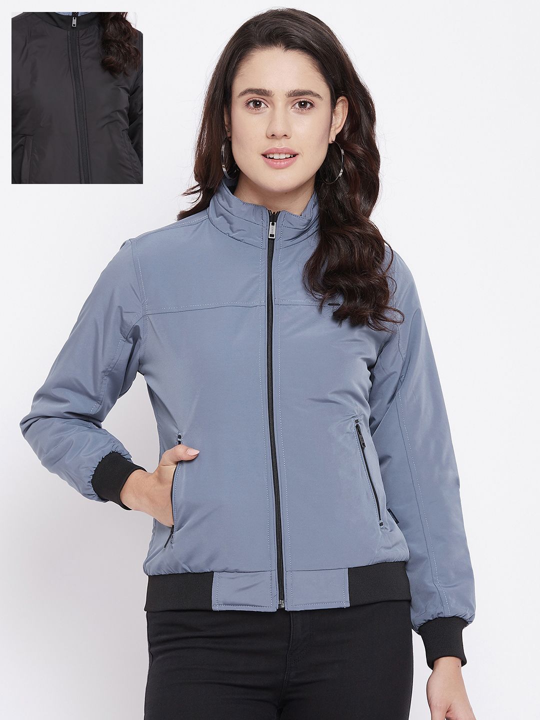 Okane Women Blue & Black Reversible Bomber Jacket Price in India