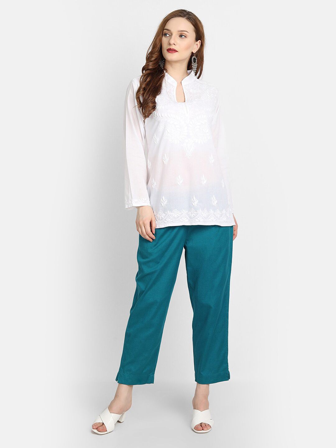 HOUSE OF KARI White Mandarin Collar Embroidered Tunic
