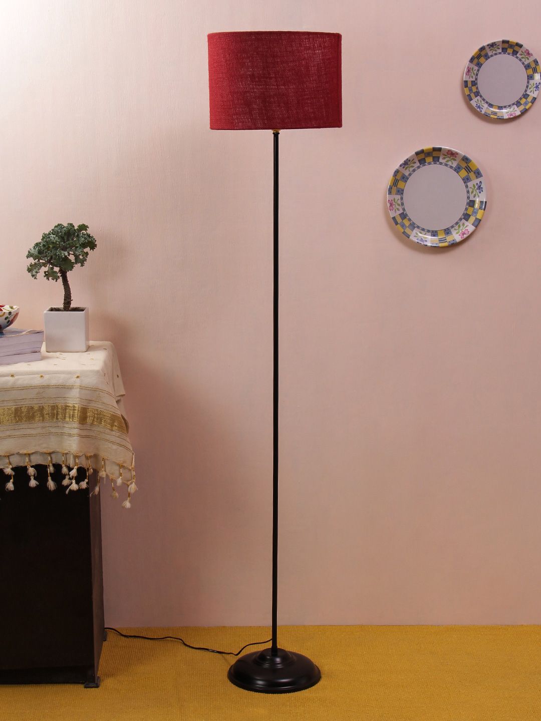 Devansh Maroon Traditonal Floor Lamp With Jute Shade Price in India