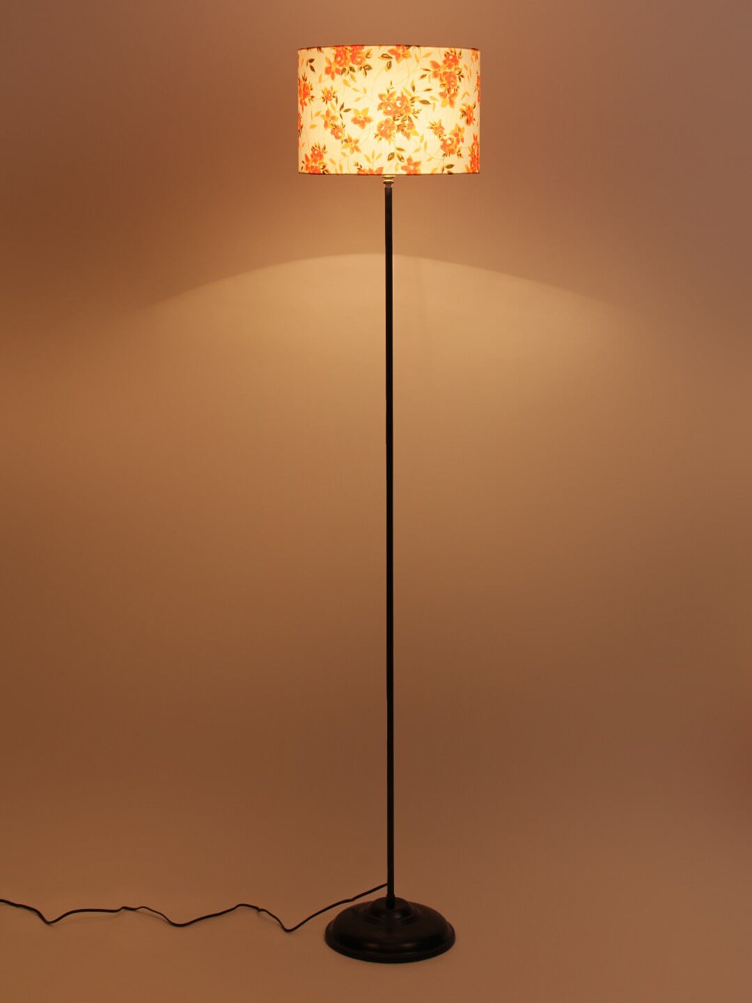 Devansh Drum Designer Orange Cotton Printed Shade Floor Lamp with Black Base Price in India