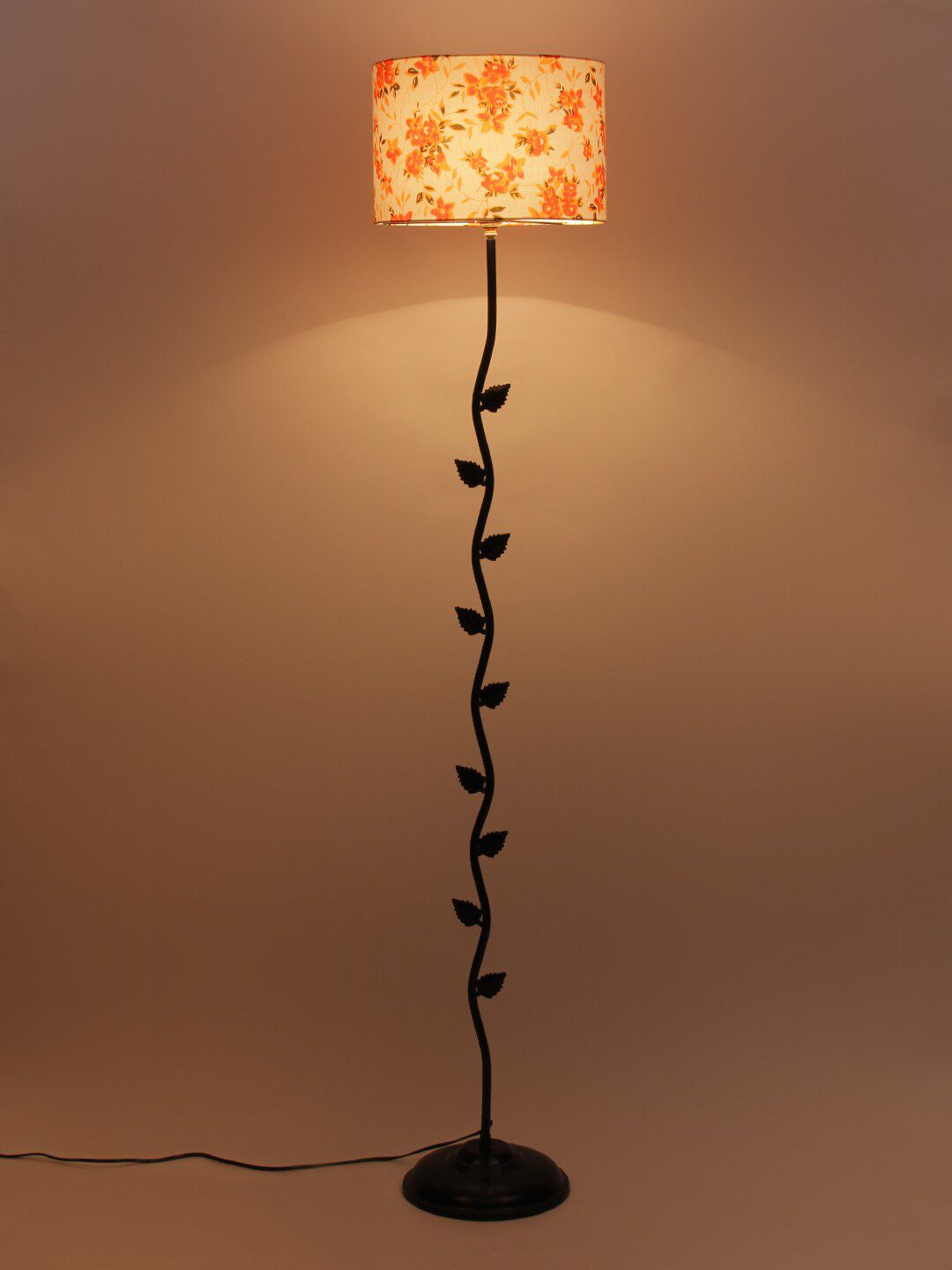 Devansh White & Orange Floral Printed Cylindrical Floor Lamp with Shade Price in India