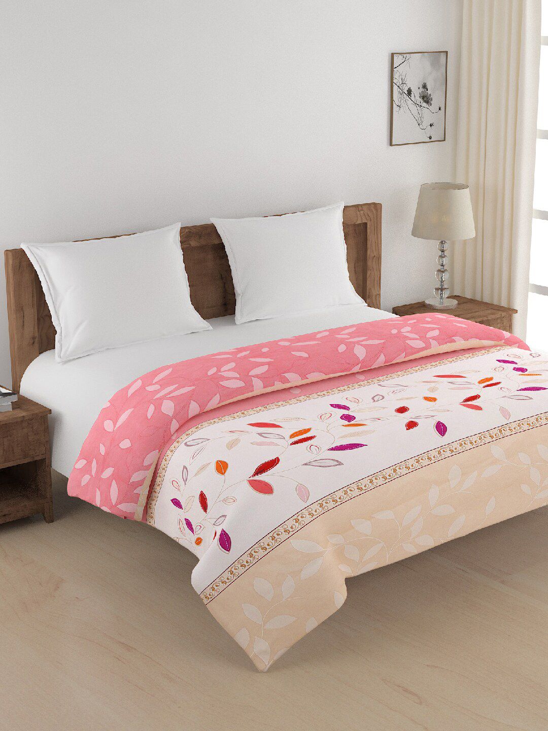 SWAYAM Beige & Pink Floral AC Room 150 GSM Cotton Double Bed Comforter Price in India