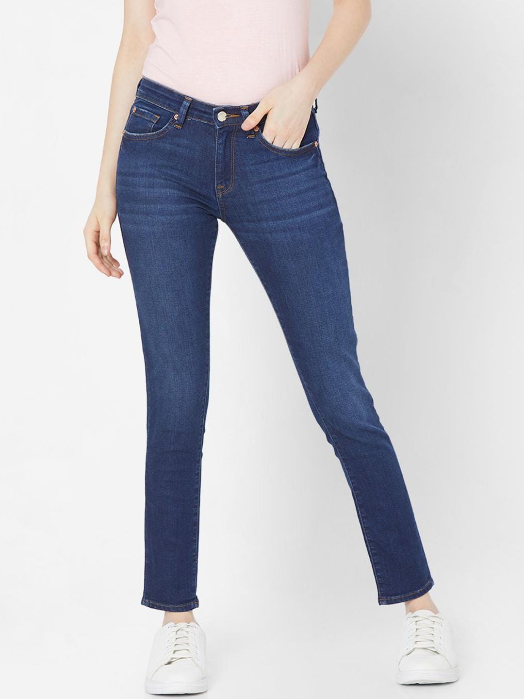 SPYKAR Women Blue Skinny Fit Low Distress Light Fade Jeans Price in India