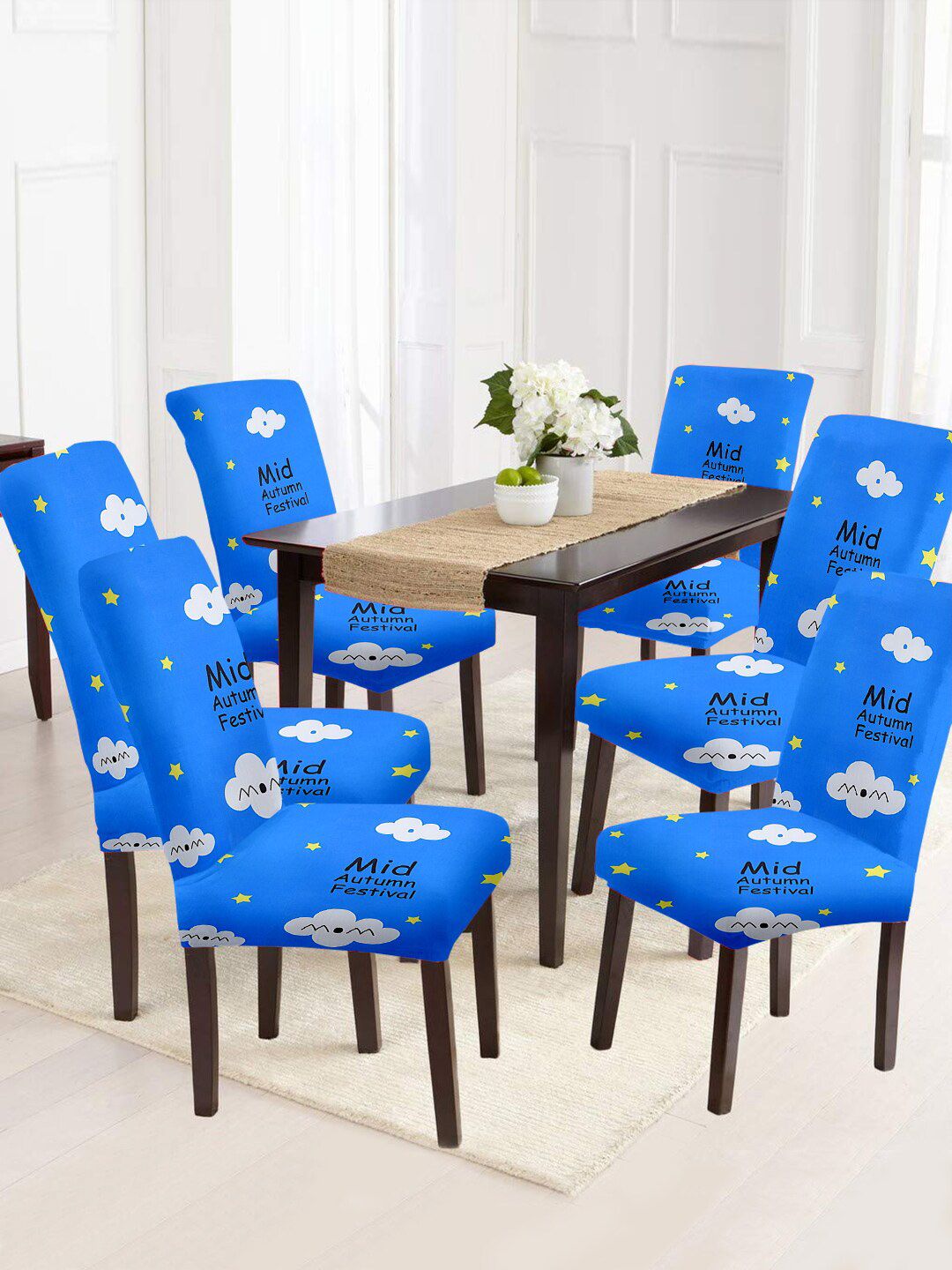 Aura Set Of 6 Blue & White Printed Chair Covers Price in India