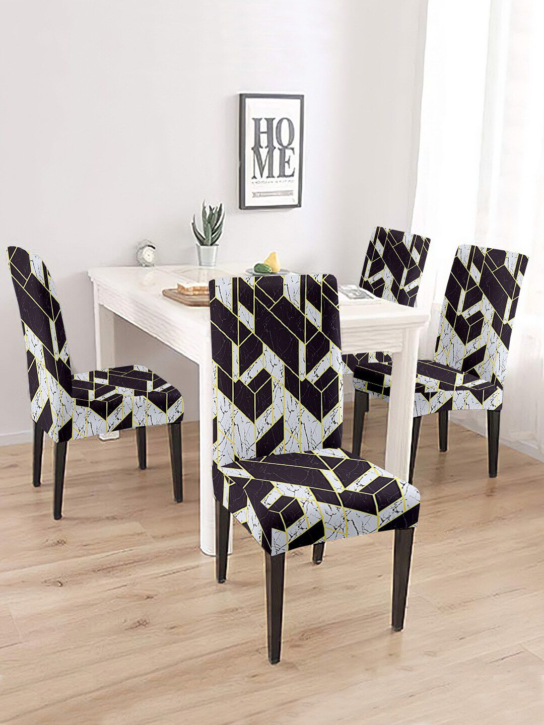 Aura Set Of 4 Black & White Printed Chair Covers Price in India