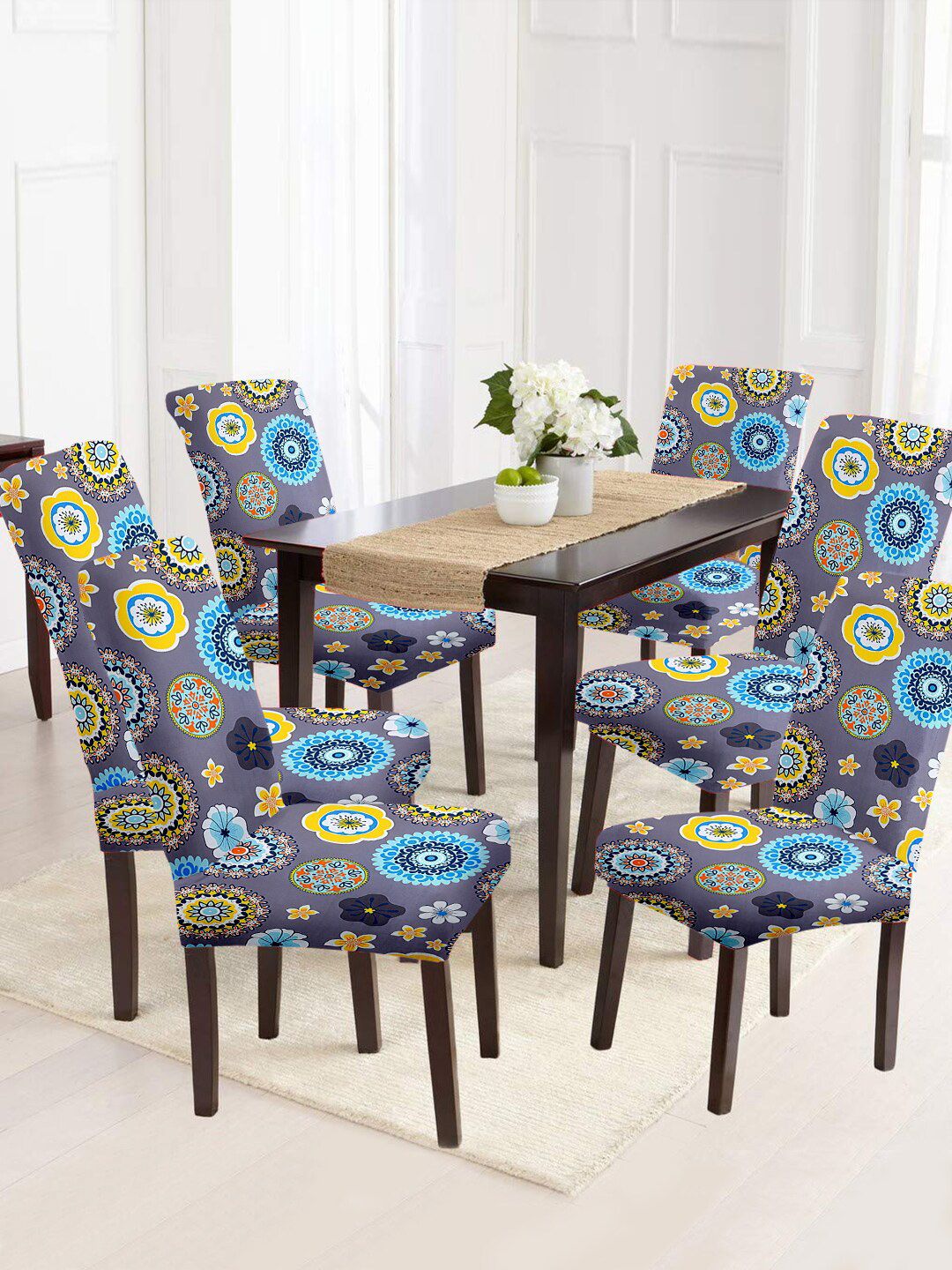 Aura Set Of 6 Grey & Blue Printed Chair Covers Price in India