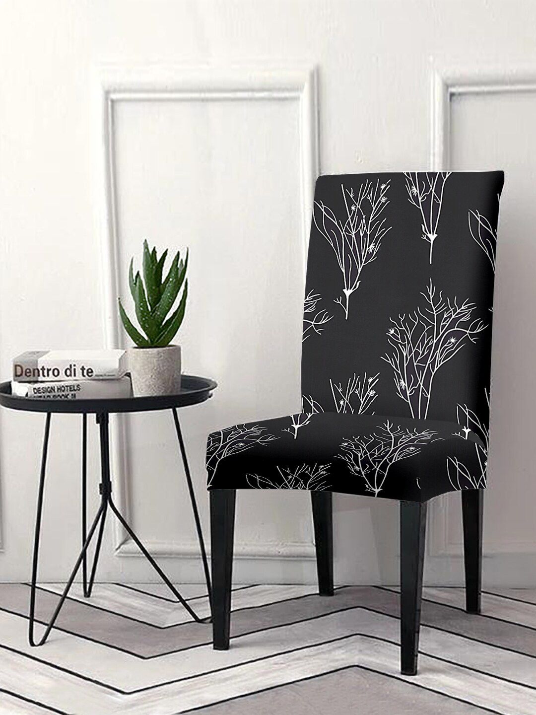 Aura Set Of 6 Black & White Printed Chair Covers Price in India