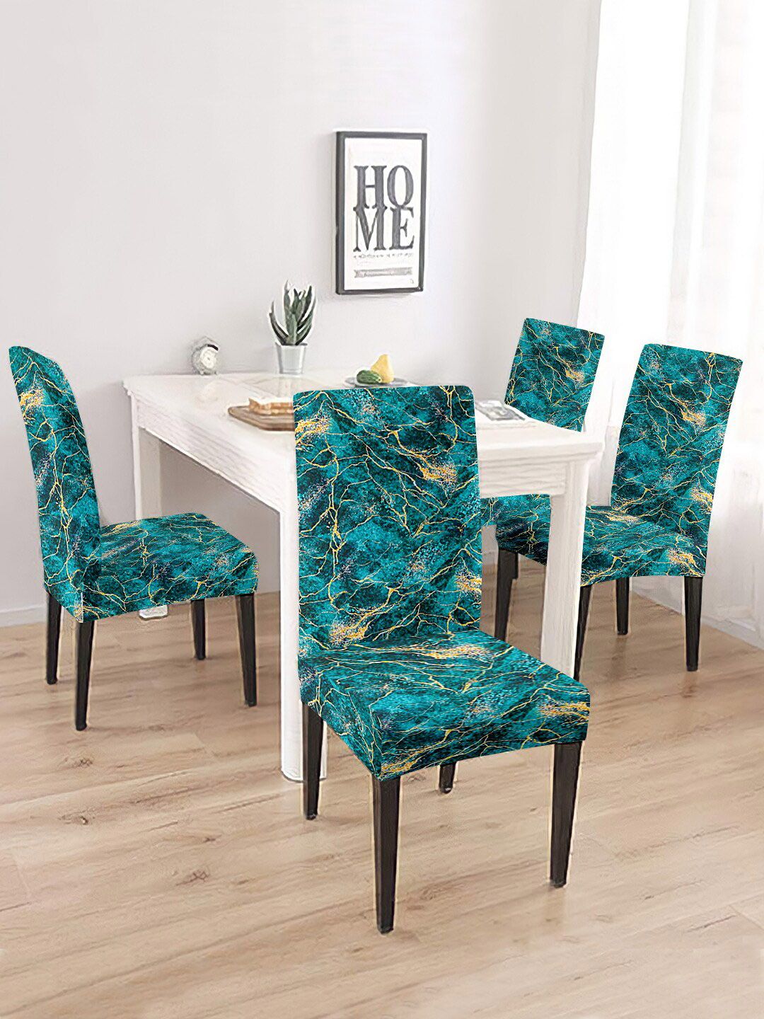 Aura Set Of 4 Sea Green & Yellow Printed Chair Covers Price in India