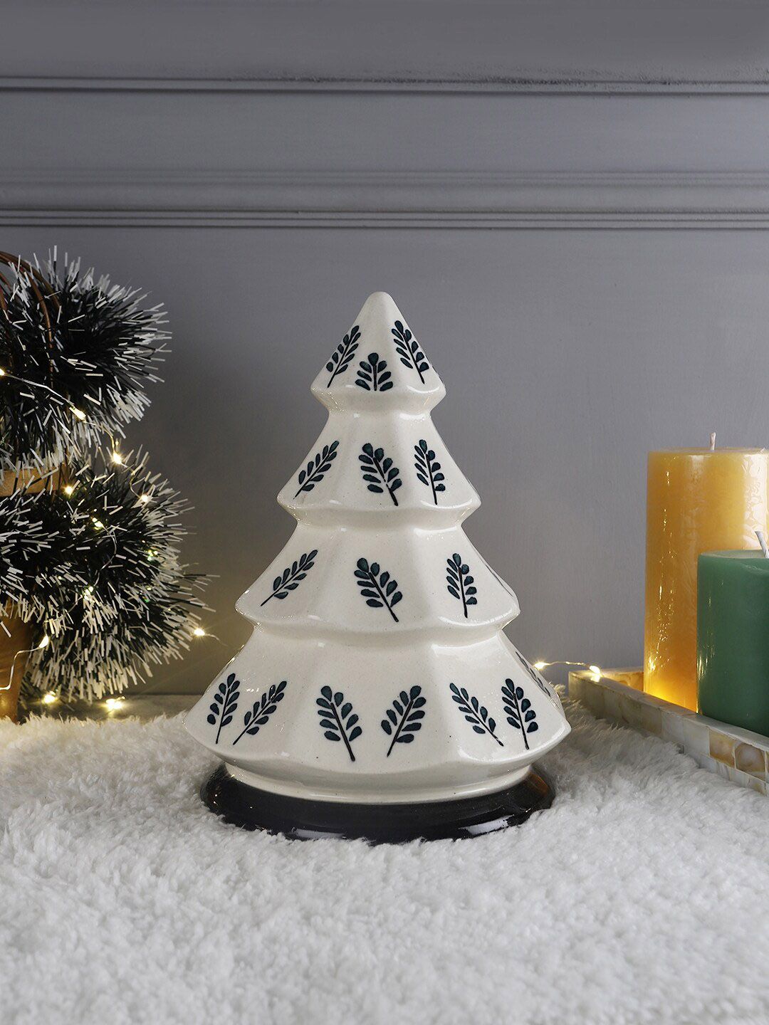 VarEesha Off-White & Green Christmas Tree Hand-Made Ceramic Festive Decor Price in India