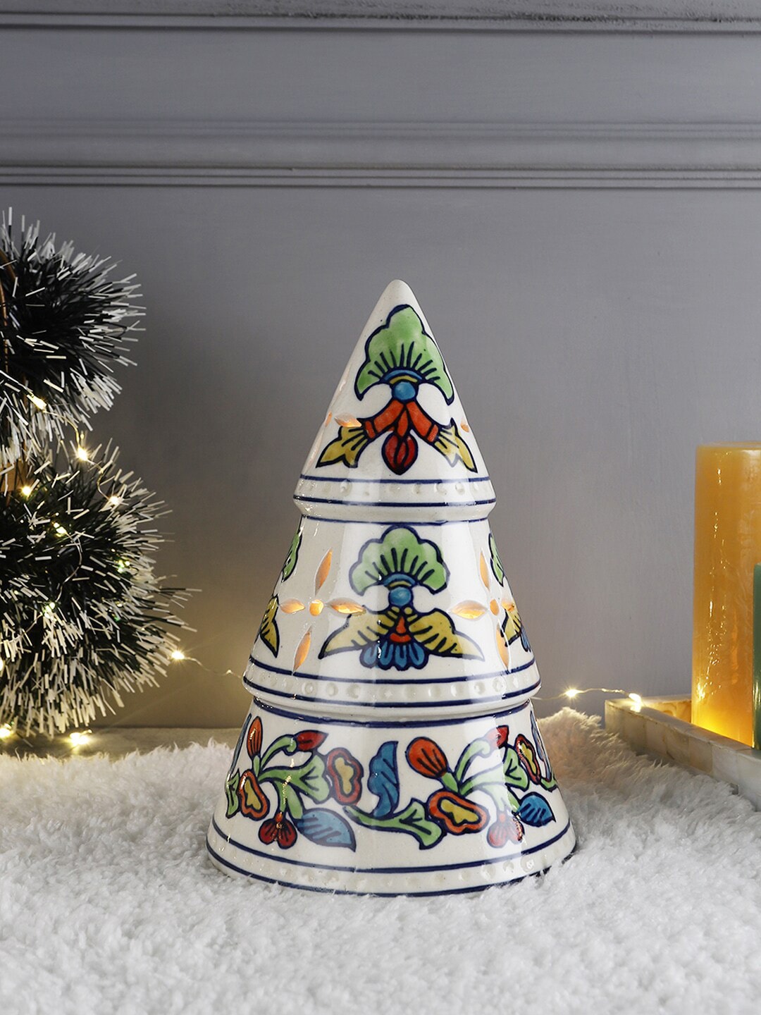 VarEesha Multi Hand-Made Floral Ceramic Christmas Tree Decorative & Tea Light Holder Price in India