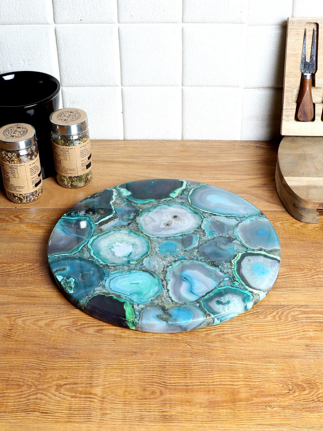 NikkisPride Blue & Grey Round Agate Serving Platter Price in India