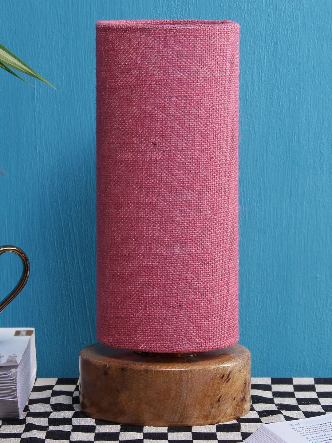 Devansh Pink Jute Shade With Round Wood Base Table Lamp Price in India