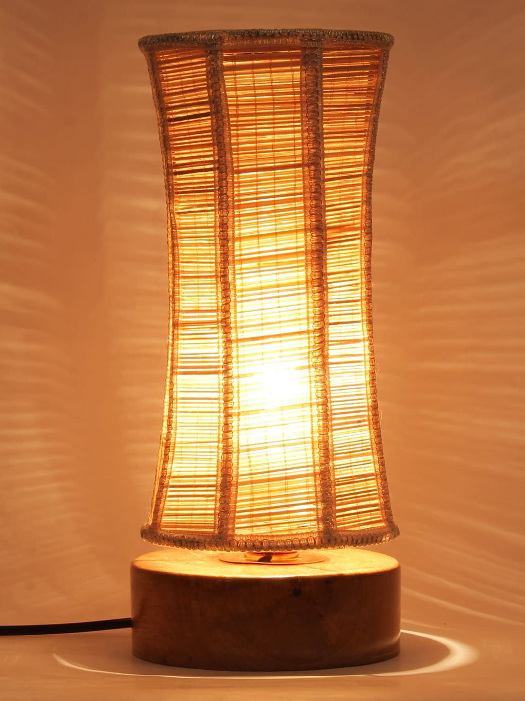 Devansh Beige Wooden Table Lamp with Damru Bamboo Shade Price in India