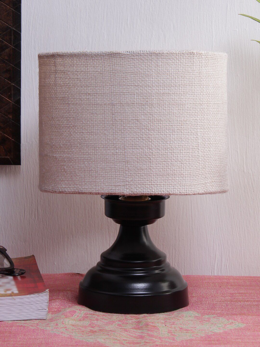 Devansh White Jute  shade Table Lamp  with black base Price in India