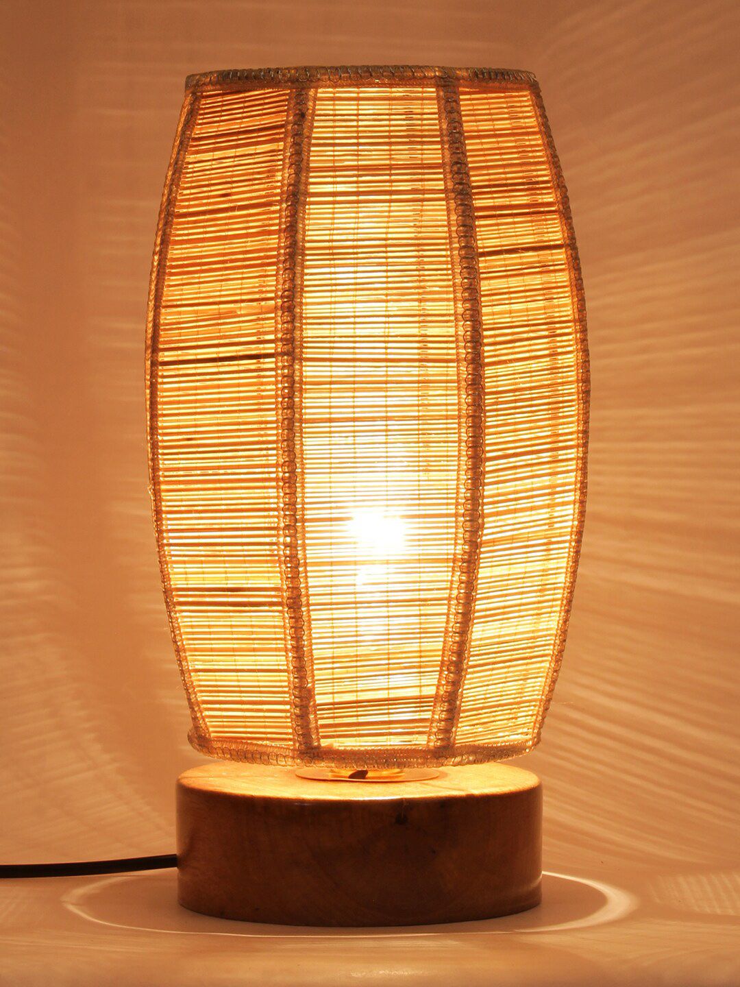 Devansh Beige Round Wooden Table Lamp with Dholak Bamboo Shade Price in India