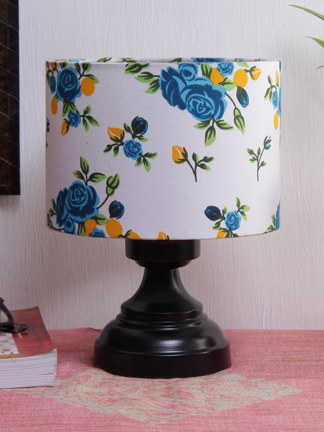 Devansh White & Black Floral Cotton Shade Table Lamp Price in India