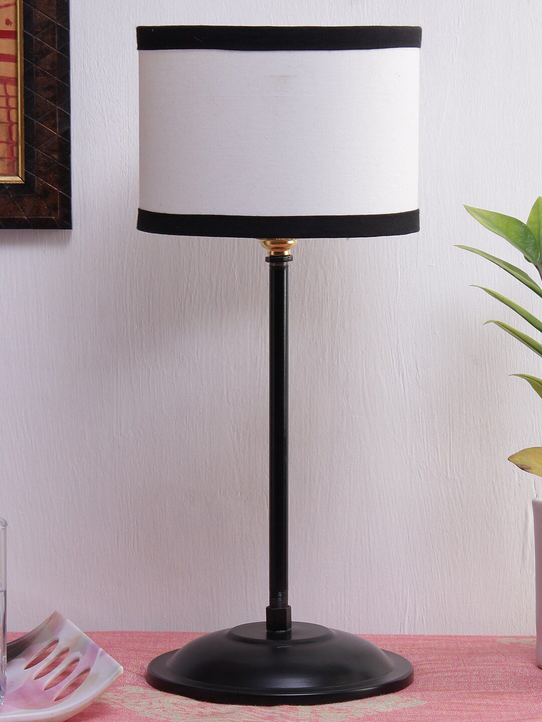 Devansh White & Black Solid Cotton Shade Table Lamp Price in India