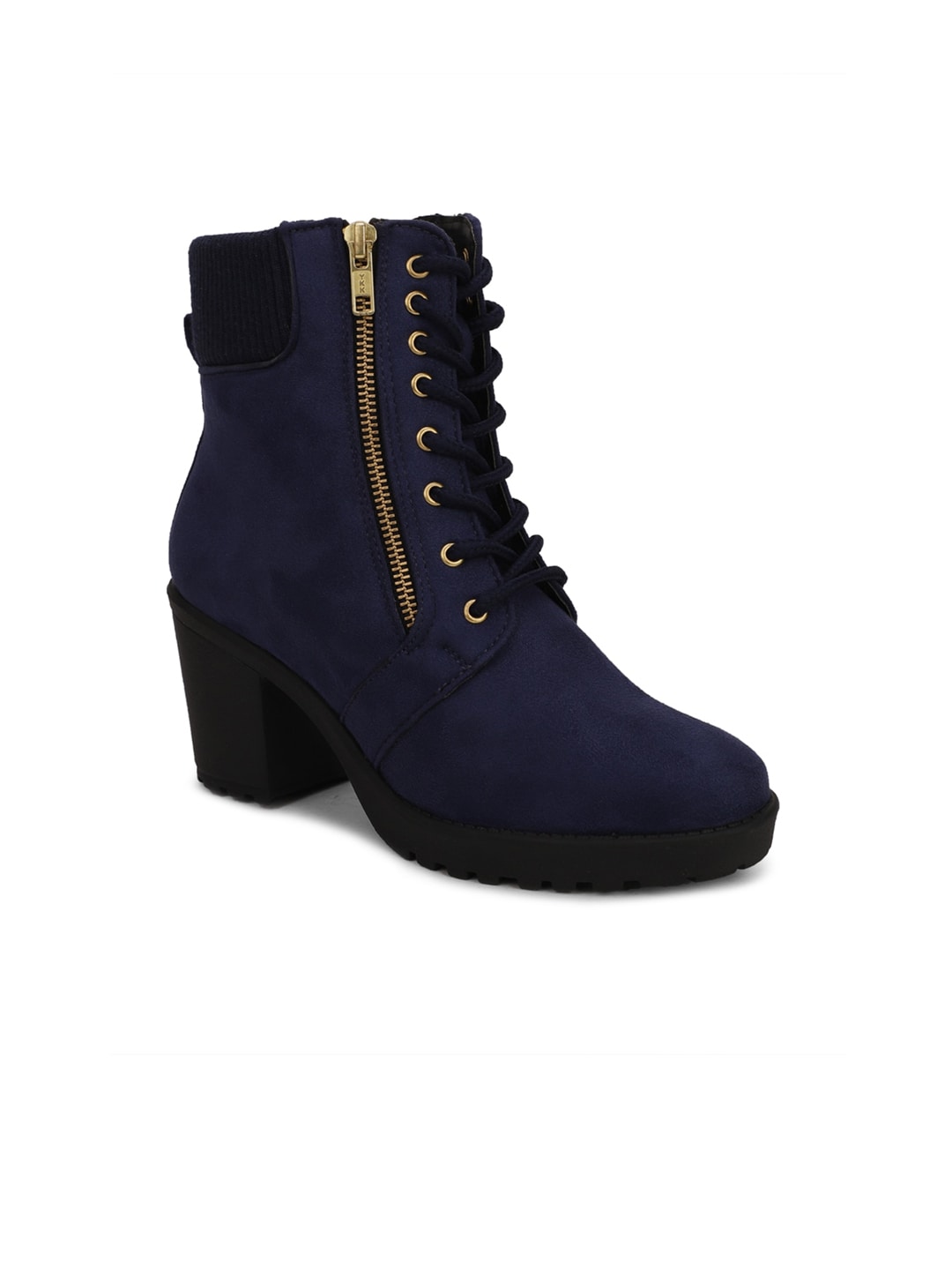 Bruno Manetti Navy Blue Suede Block Heeled Boots with Laser Cuts Price in India