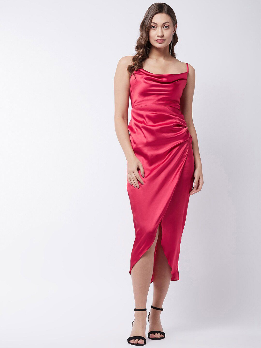 MAGRE Red Cowl Neck Satin Sheath Midi Dress Price in India